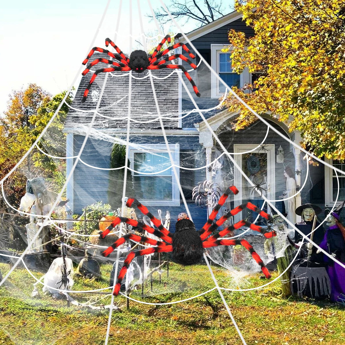 Innens 11.8ft Halloween 144 LED Purple Spider Web Lights with 35" Giant Spider Light up Cobweb Halloween Decorations for Indoor Ourdoor Garden Yard Home Patio (Black, 1Pc)
