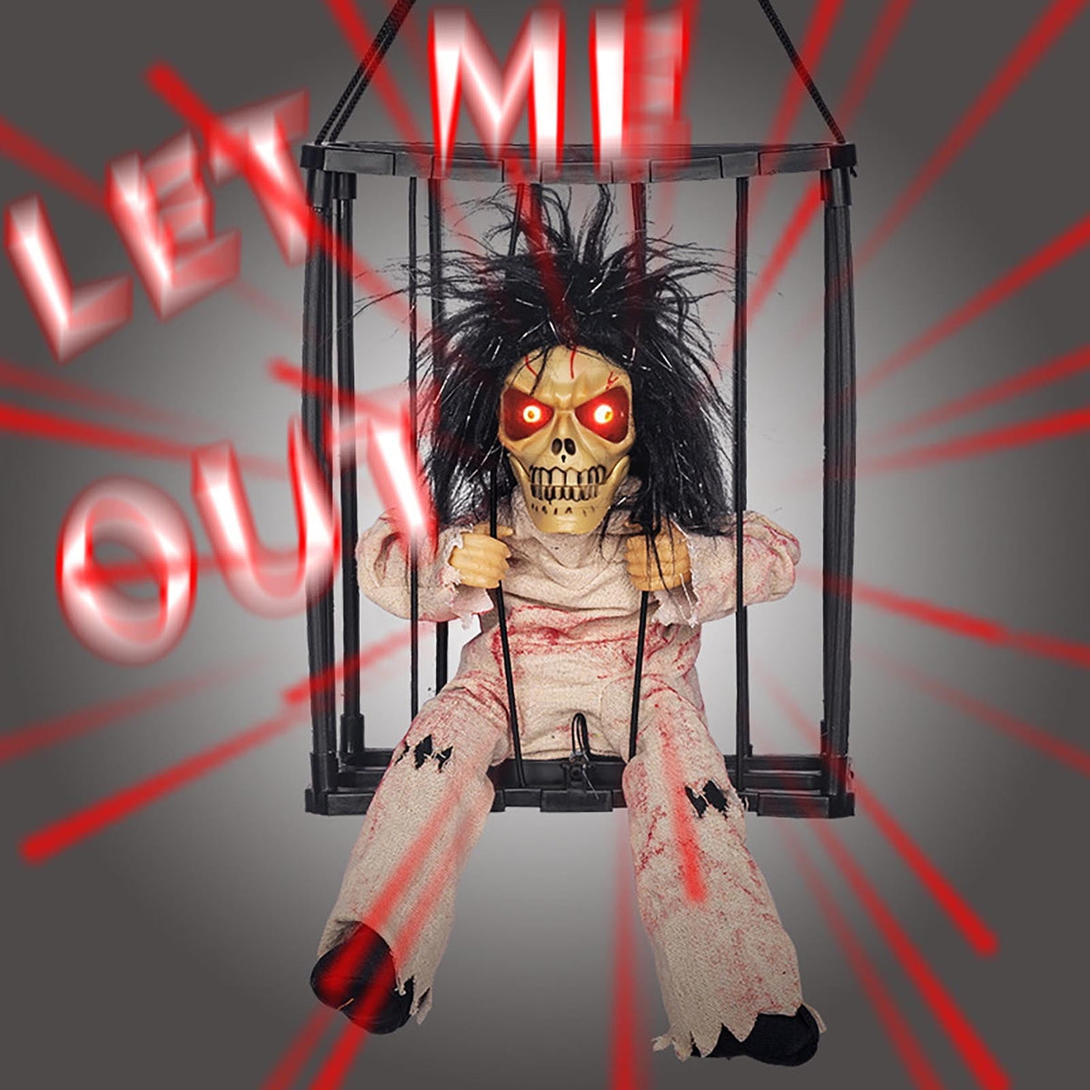 Summercome Skeleton Animated Halloween Decorations, Screaming Halloween Decor with Motion Activated & Light Sensor, Spooky Prisoner Cage Haunted House Decorations, A