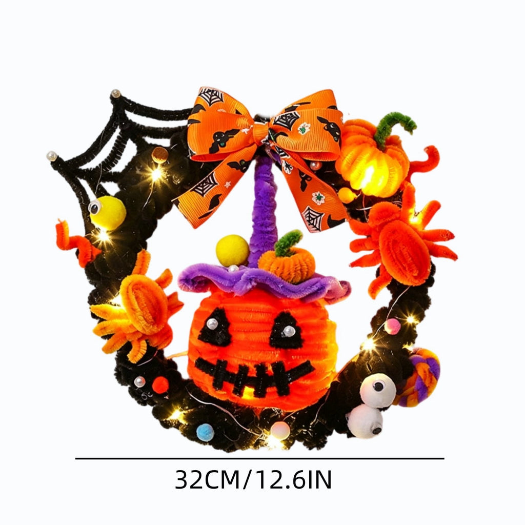 WWC Halloween Wreath, Orange LED Pumpkin and Bats Wreath, Gothic Halloween Decorations Wreath for Front Door, Indoor Outdoor Party Decor