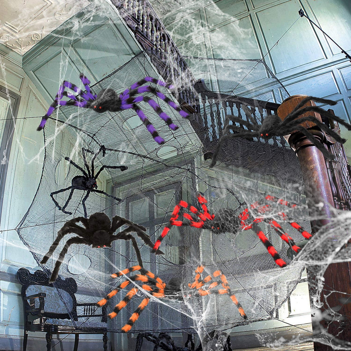 Innens 11.8ft Halloween 144 LED Purple Spider Web Lights with 35" Giant Spider Light up Cobweb Halloween Decorations for Indoor Ourdoor Garden Yard Home Patio (Black, 1Pc)