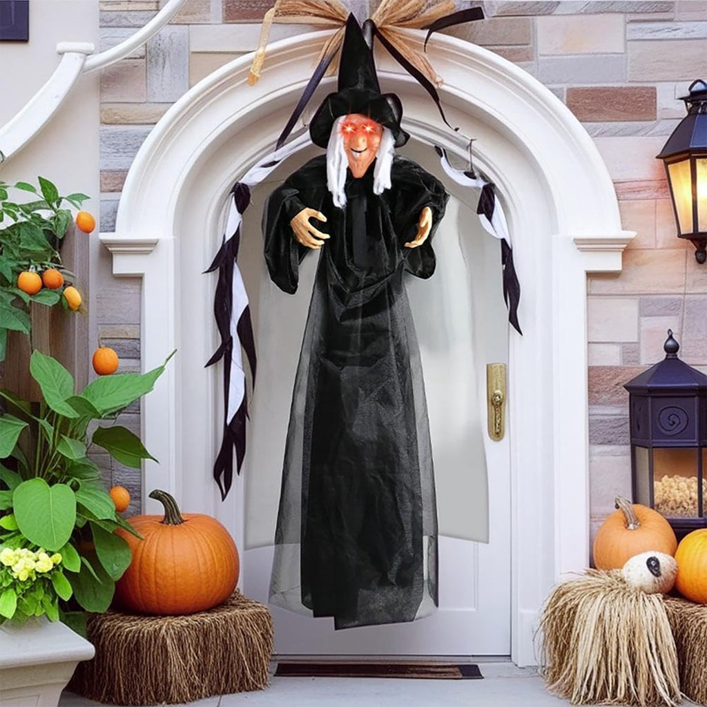 BinKFF Life Size Hanging Talking Witch - Animated Halloween Witch with Sound Activation and Red Eyes for Outdoor & Indoor Decor - Flying Animatronic Witch for Halloween Decorations