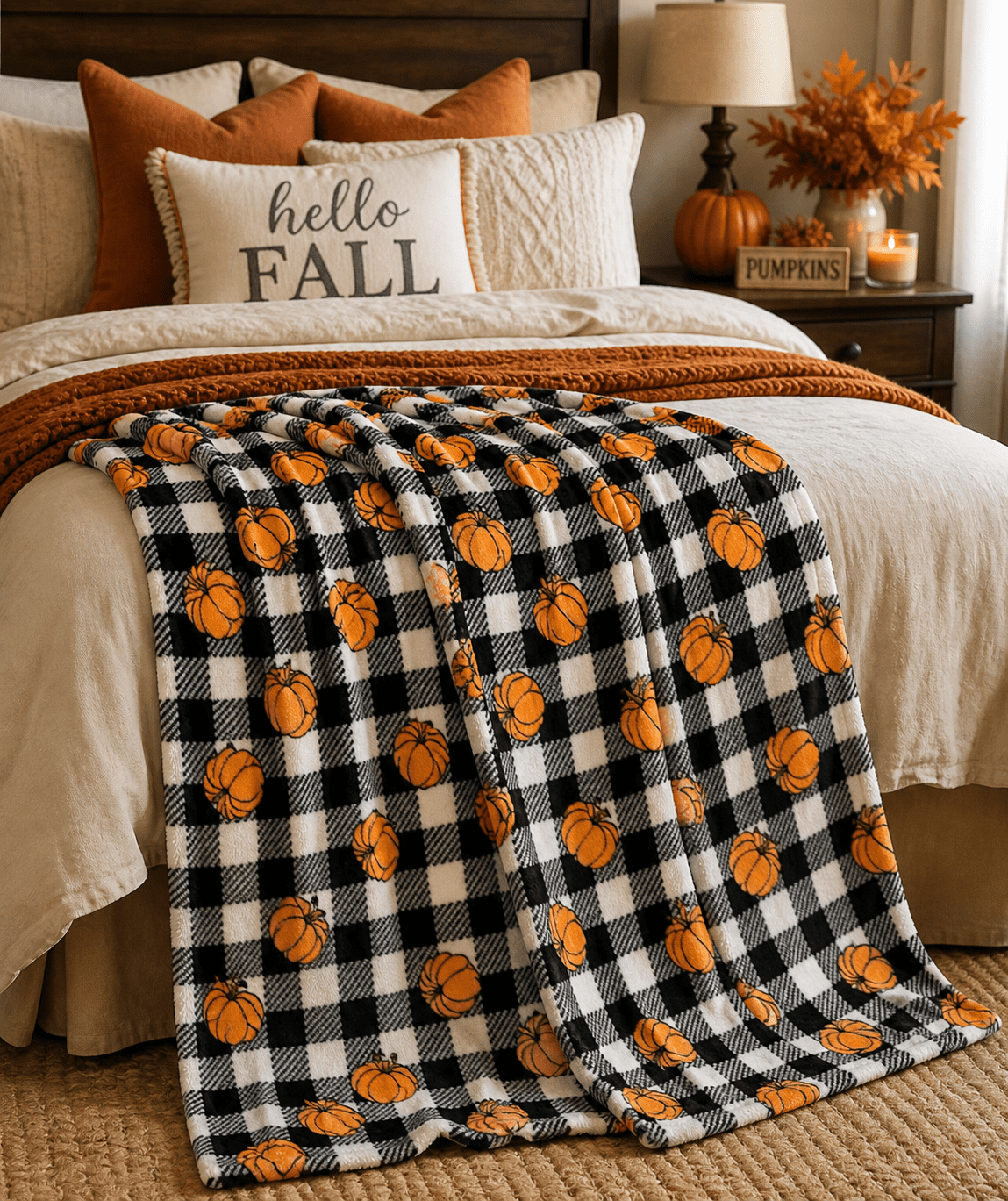 Serafina Home Halloween Throw Blanket: Fuzzy Boo! Jack O'Lantern Spider Webs Skull and Black Cats Print on Velvet Fleece for Sofa Bed Couch Chair Dorm