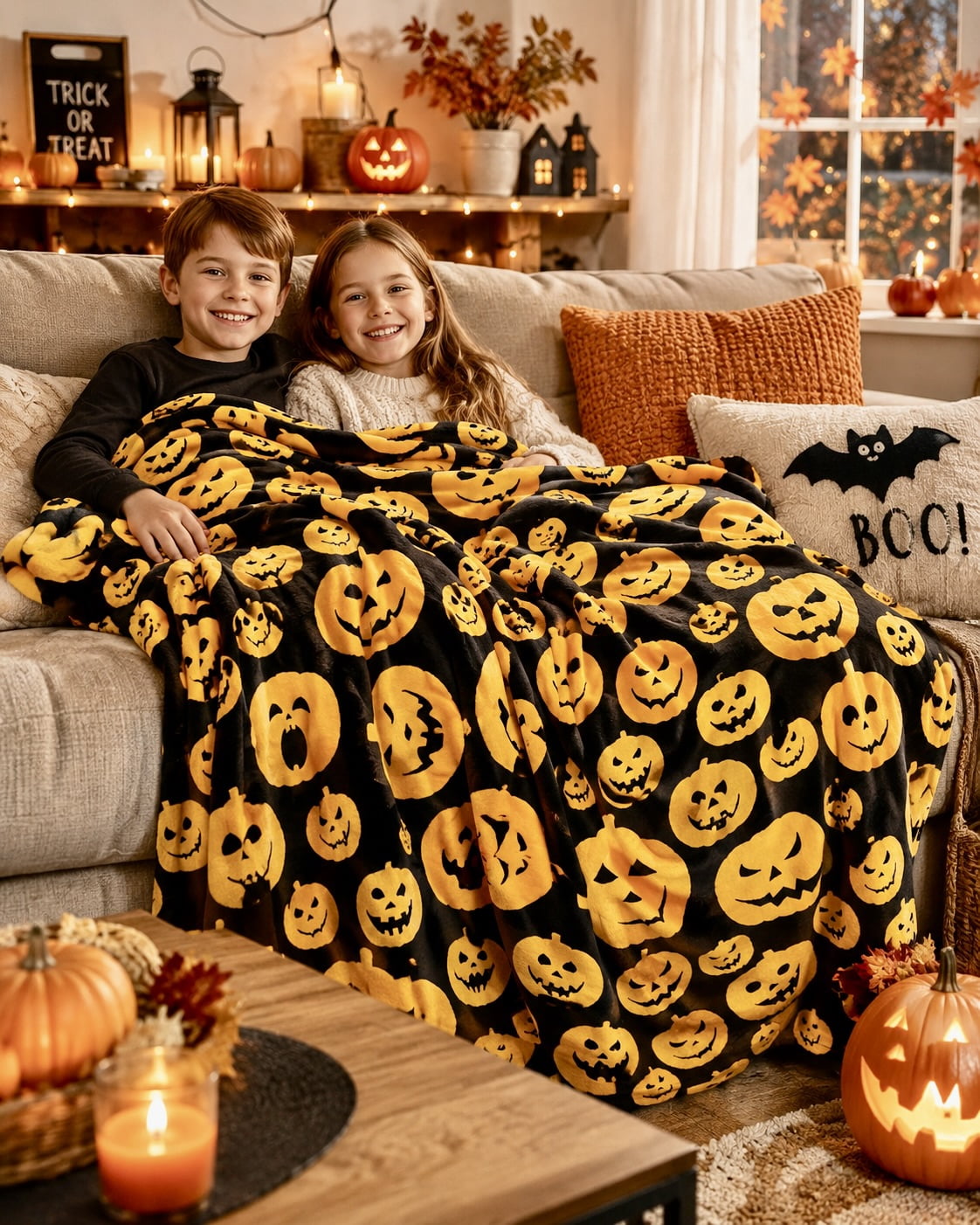 Serafina Home Halloween Throw Blanket: Fuzzy Boo! Jack O'Lantern Spider Webs Skull and Black Cats Print on Velvet Fleece for Sofa Bed Couch Chair Dorm