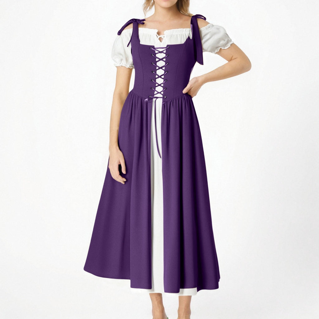 QATAINLAV Renaissance Costume Women Vintage Medieval Dress Cold Shoulder Short Sleeve Peasant Pirate Irish Maxi Dresses, Black, L