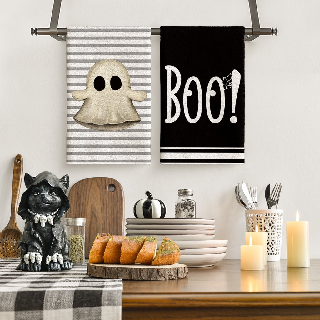 Sm:)e Spooky Pumpkin Ghost Boo Bat Halloween Kitchen Dish Towels 2 Set 18 x 26 inch
