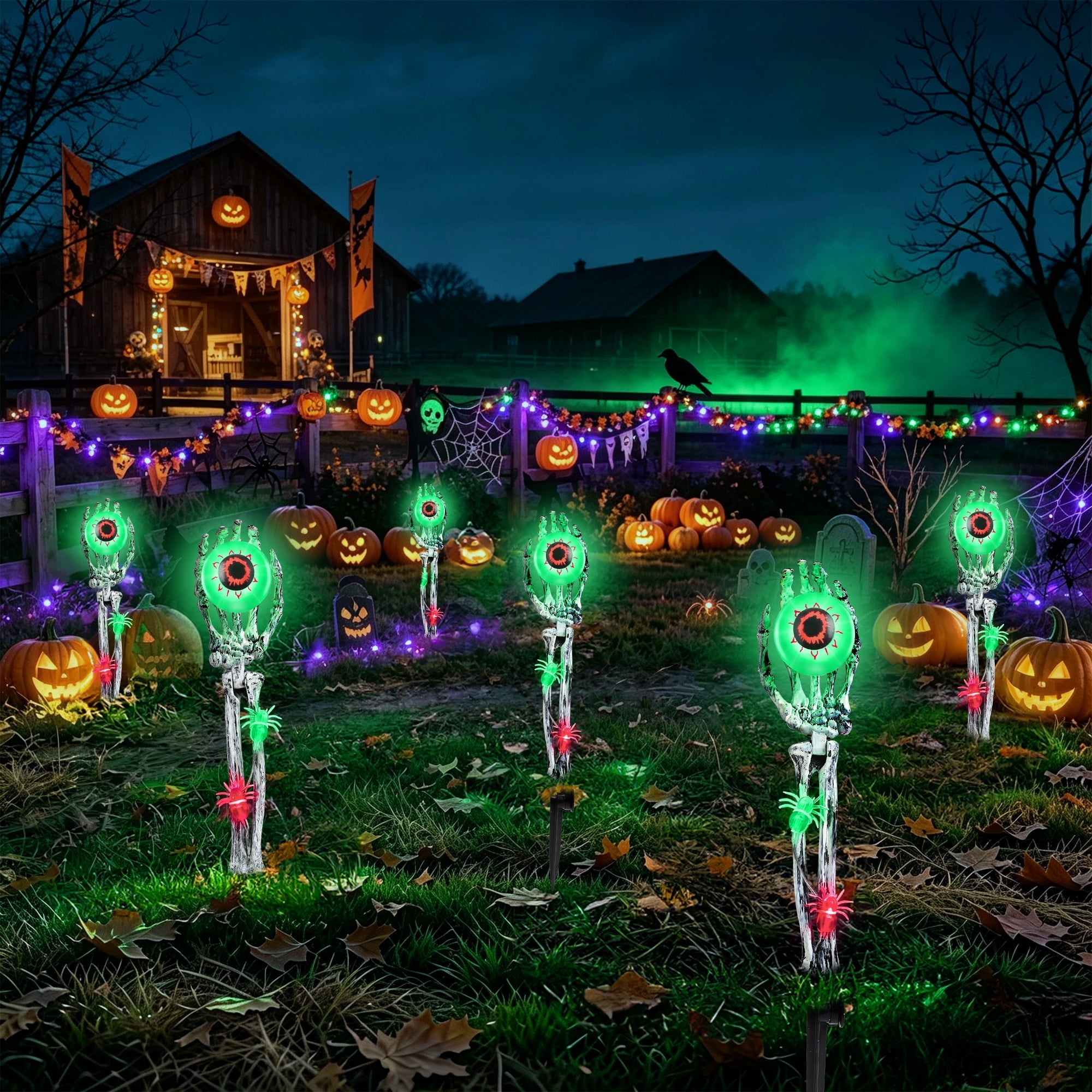 Toodour Halloween Pathway Lights Outdoor, Battery Operated Halloween Skeleton Hands with Light Up Eyeballs & Spiders, Waterproof Halloween Decor for Walkway Garden Yard Lawn, Red