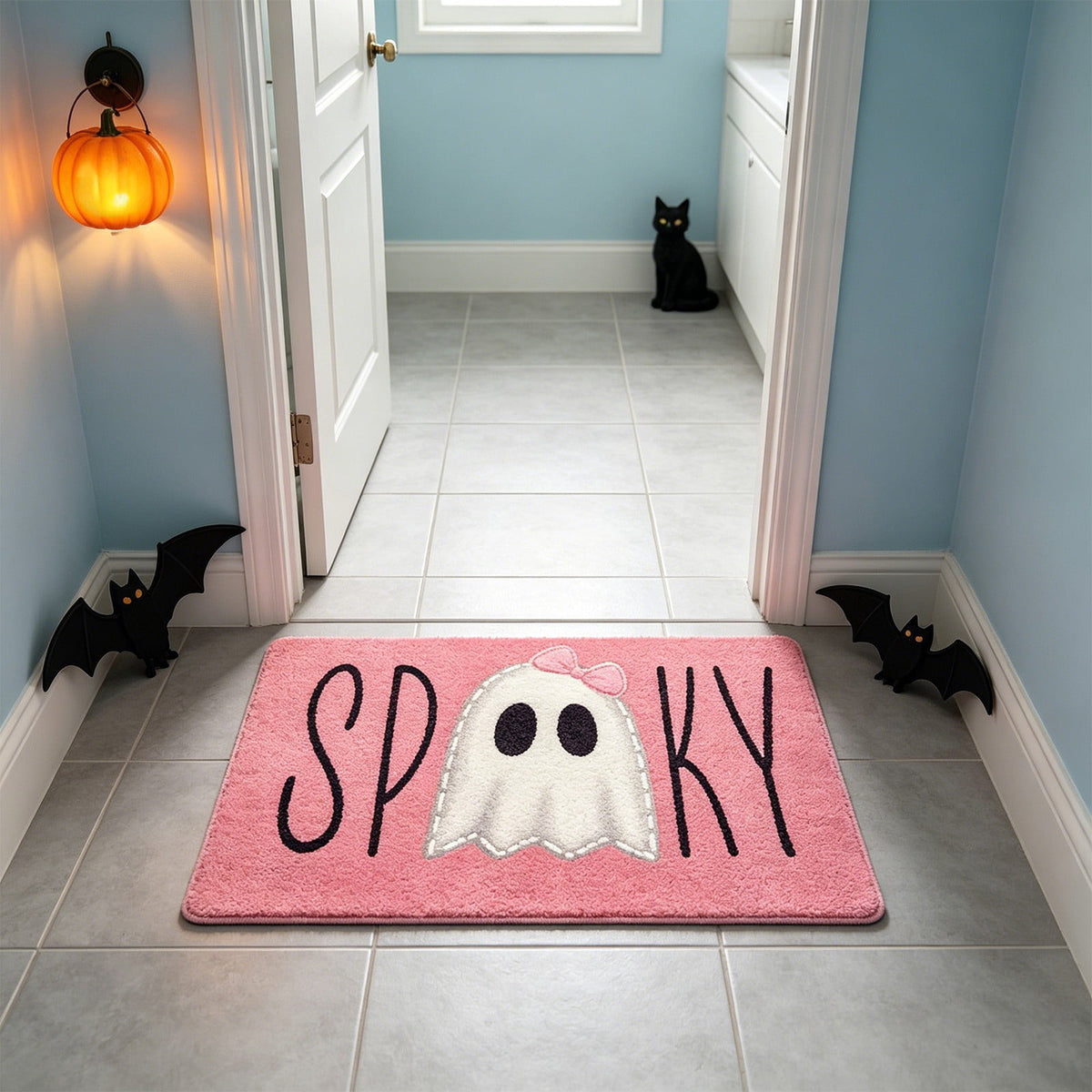 Halloween Doormat Ghost Bath Mat 23.6x15.7in Secure-Grip Absorbent Soft Faux Fur Rug for Bathroom Bedroom Living Room Decor by OVFUIZ