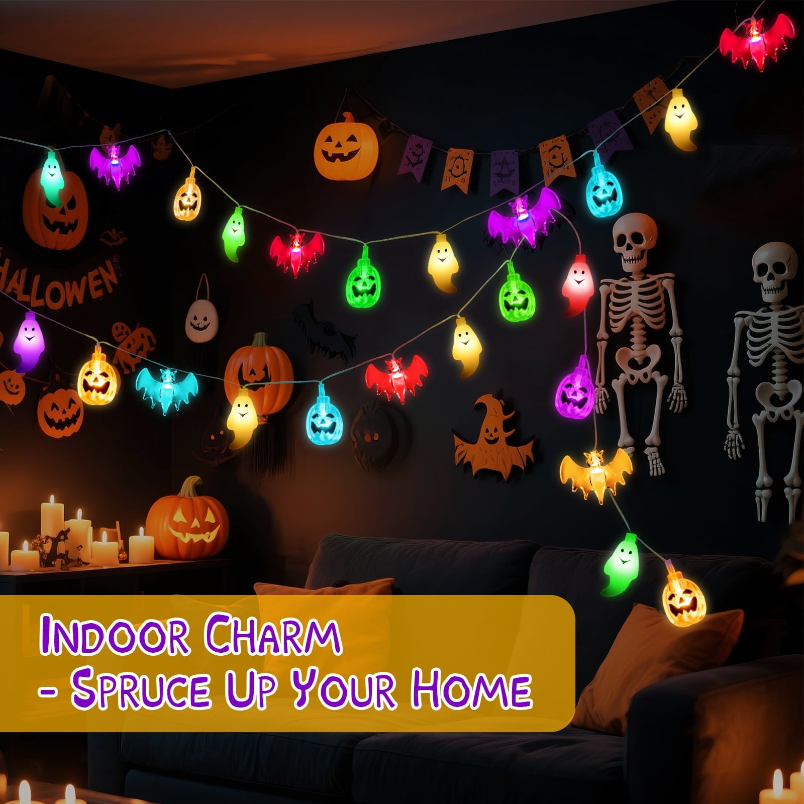 Oziral Halloween String Lights Decorations:Halloween Lights Indoor Outdoor 30 LED Battery Operated Waterproof Lights Remote 3D Pumpkin Bat Ghost Halloween Decorations for bedroom Party Yard Garden