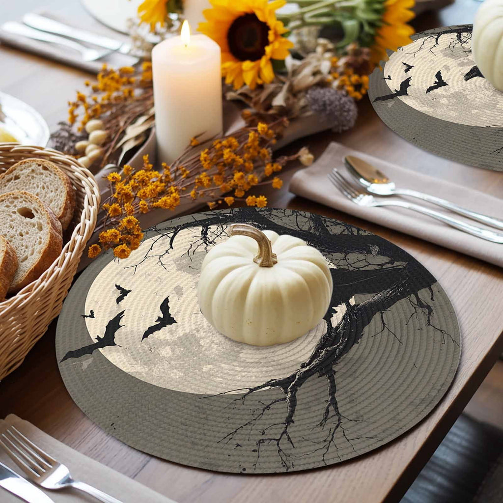 Halloween Round Placemats Set of 4 Black Crow Bats Place Mats Washable Woven Placemat Horror Moon Tree Branch Circle Braided Table Mat for Kitchen Dining Table Holiday Party Home Decor 15 Inch