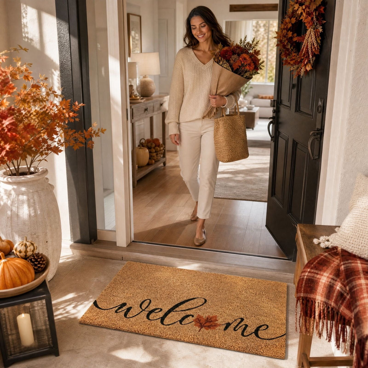 chaungfeng Welcome Fall Door Mat, Seasonal Pumpkin Decorative Doormat, Thick Non-Slip Rugs, for Indoor Outdoor Entrance Floor, Halloween Thanksgiving Decoration (23.6"X15.7")