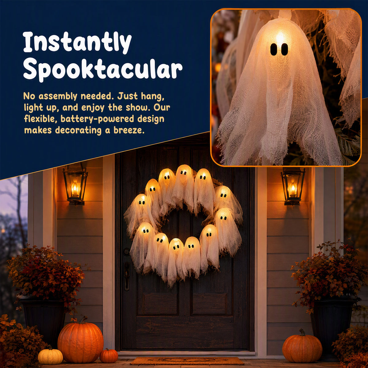 Halloween Glowing Ghost Wreath, Light-up Spooky Wreath with 12 Ghost Decor, RC, 6H Timer, Ideal for Halloween Party (A 12x3inch)