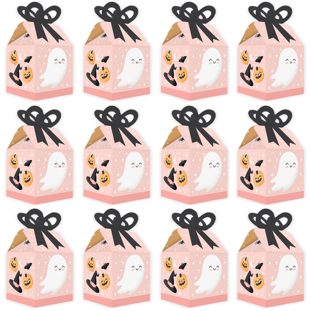 Big Dot of Happiness Pastel Halloween - Square Favor Gift Boxes - Pink Pumpkin Party Bow Boxes - Set of 12