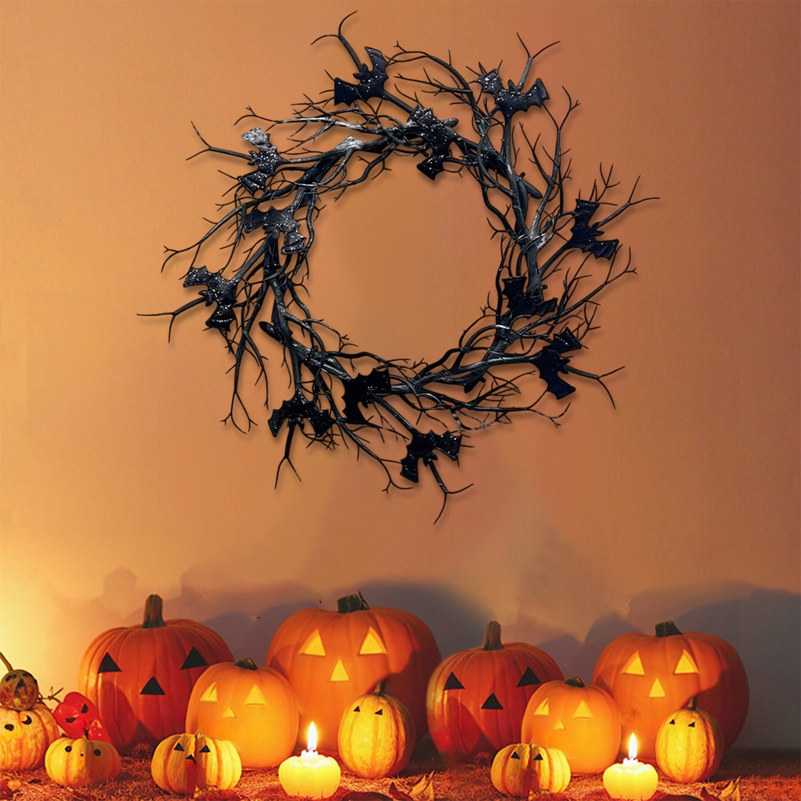 WWC Halloween Wreath, 18 inch Black Bats and Bare Branch Wreath, Gothic Halloween Decor Twig Wreath for Halloween Party Front Door Porch and Fireplace