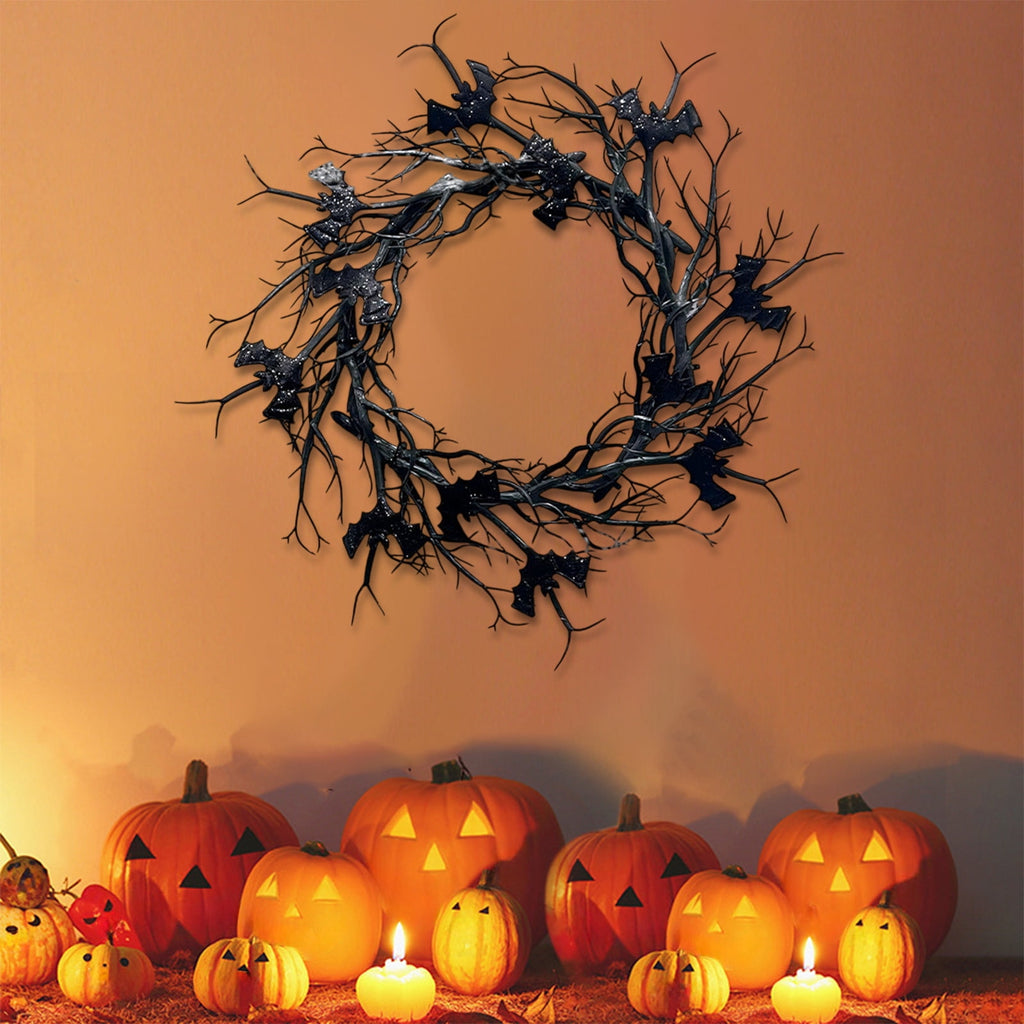 Boovnll Halloween Wreath, 18" Horror & Novelty Handmade Black Twig Glitter Bats Halloween Wreaths for Front Door Fireplace Wall Porch Party Decor, Halloween Decorations