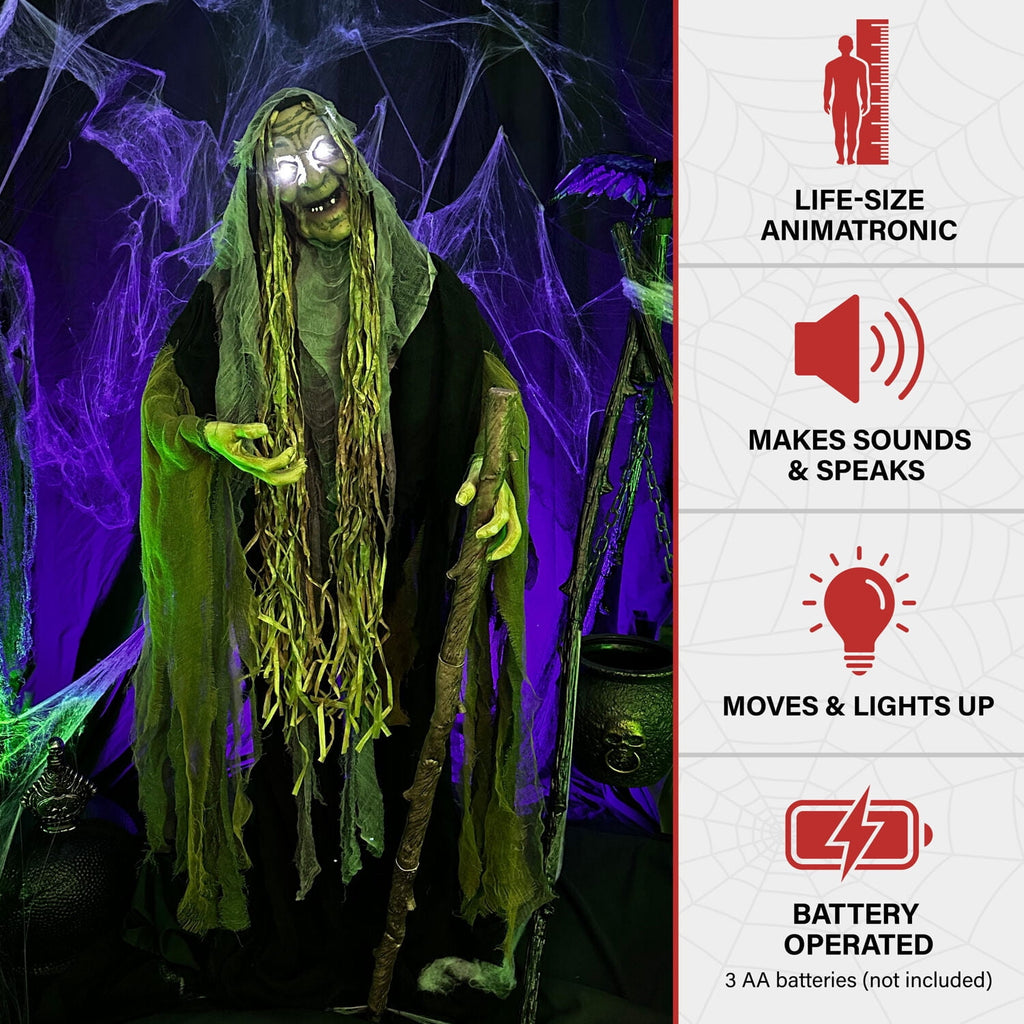 Haunted Hill Farm Life Size 5.6 ft Animatronic Witch, Indoor/Outdoor Halloween Decoration
