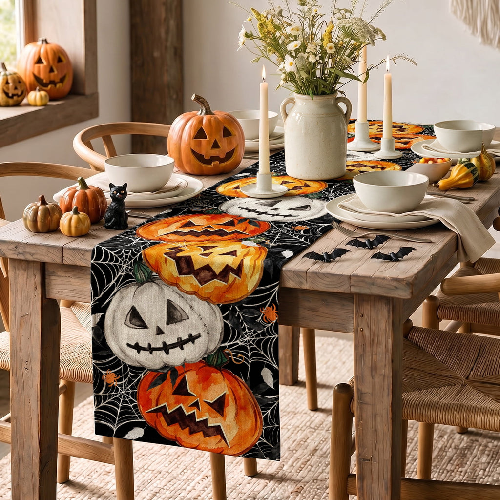 Smile Jack O Lantern Pumpkin Ghost Spider Halloween Table Runner 13 x 72 Inch