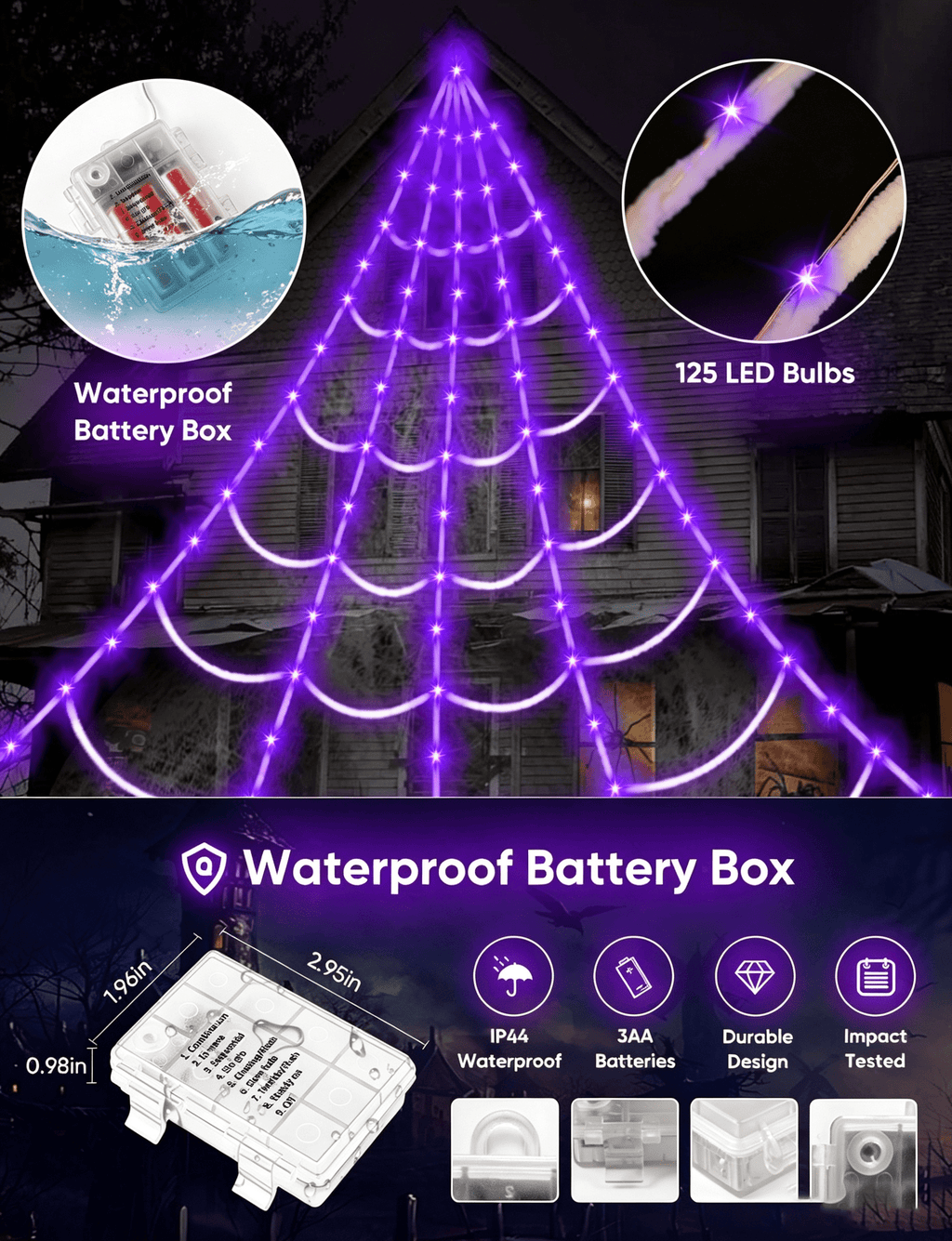 16.4Ft Large Spider Webs Halloween Decorations Lights, Outdoor Battery Operated Purple Halloween String Lights with 8 Modes Remote Control 125 LEDs Spiderweb,60" Large Spider,Waterproof (Purple)