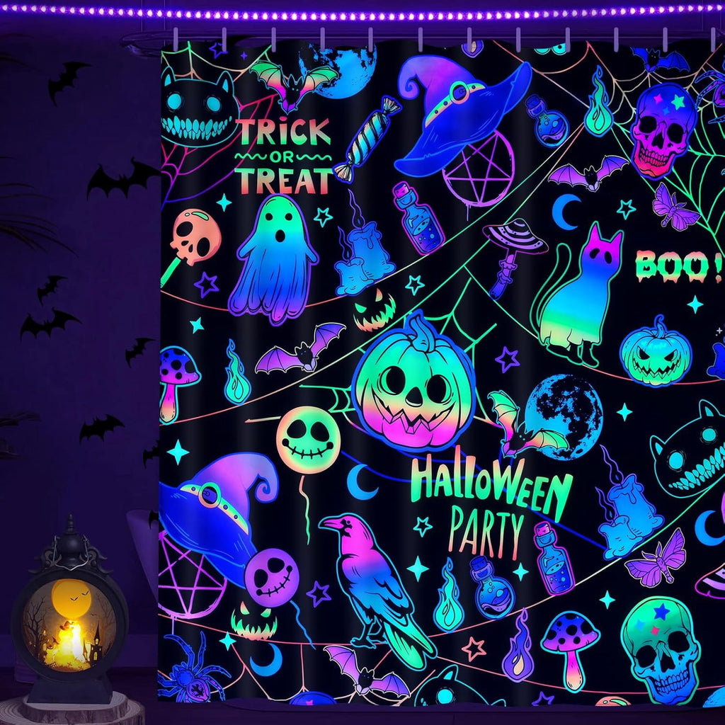 FRAMICS Halloween Shower Curtain Sets with Rugs, 16 Pc Pumpkin Spooky Ghost Bathroom Sets, Black Waterproof Fabric Shower Curtain with 12 Hooks and Toilet Rugs