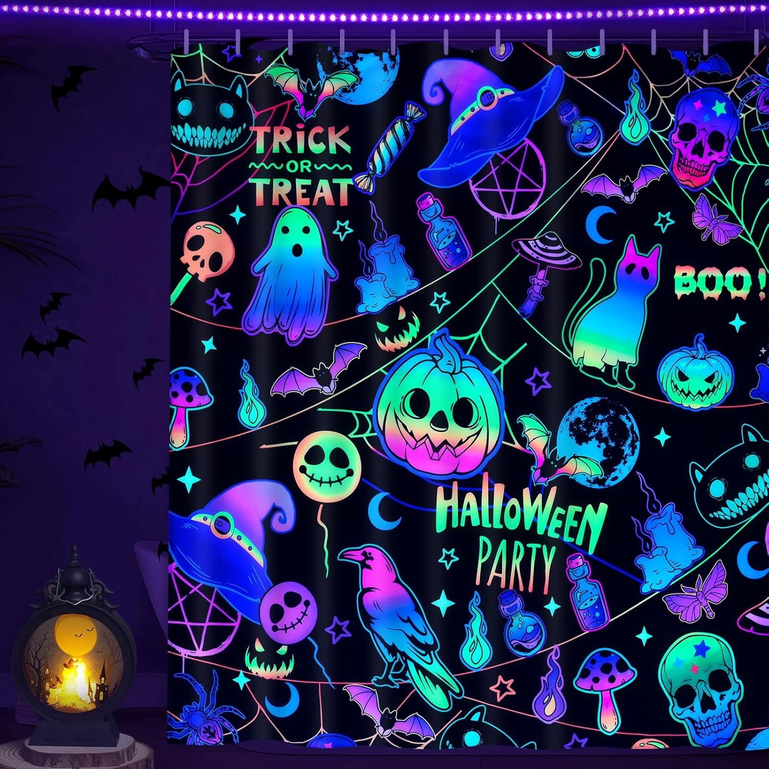 FRAMICS Halloween Shower Curtain Sets with Rugs, 16 Pc Pumpkin Spooky Ghost Bathroom Sets, Black Waterproof Fabric Shower Curtain with 12 Hooks and Toilet Rugs