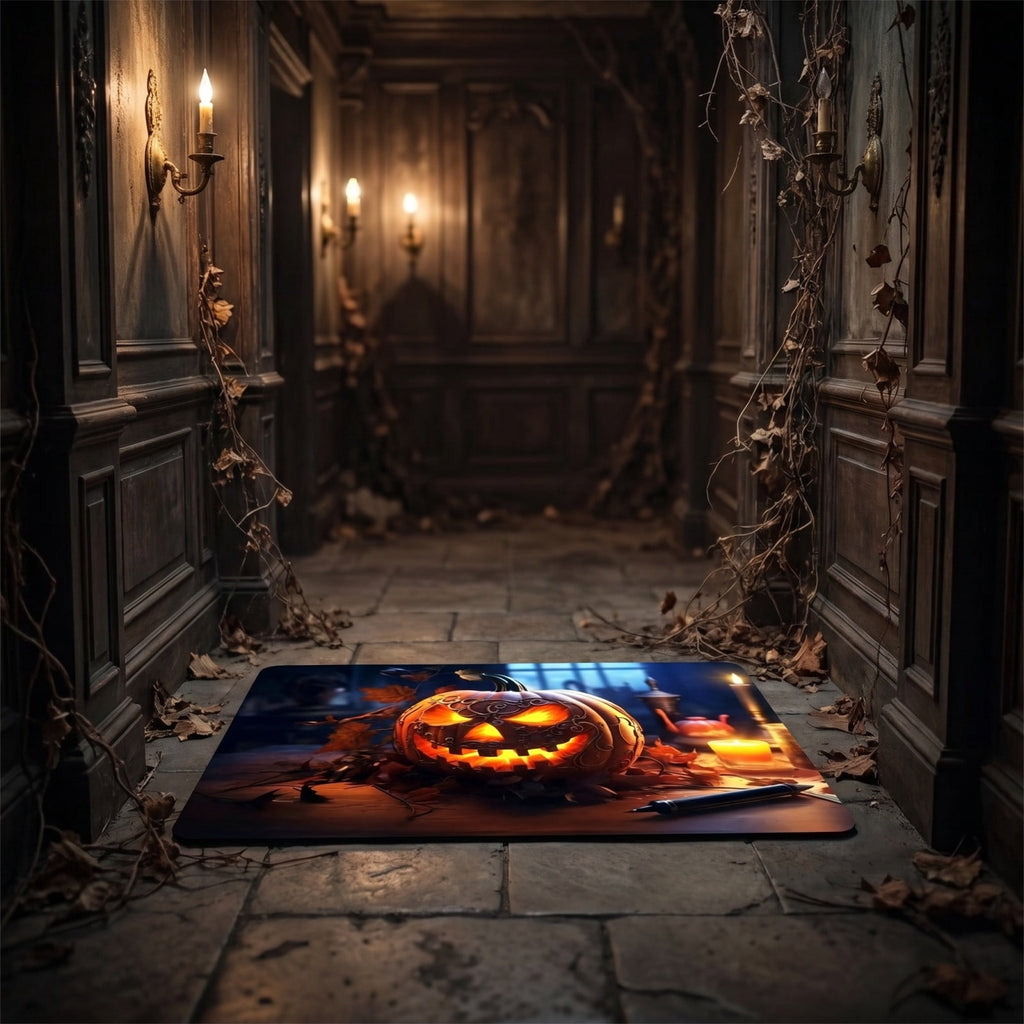 Halloween Themed Doormat Entryway Rug, Spooky Pumpkin Front Door Mat for Trick or Treaters, Non Slip Washable Mat for Indoor and Outdoor, Festive Halloween Floor Decoration for Home