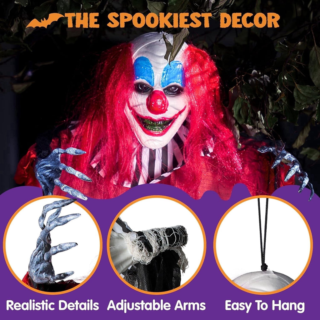 Joyfy 65" Halloween Hanging Scary Clown Decorations with Chain, with LED Lights Talking Animatronics Decor Outdoor Indoor for Haunted House Lawn Yard Patio