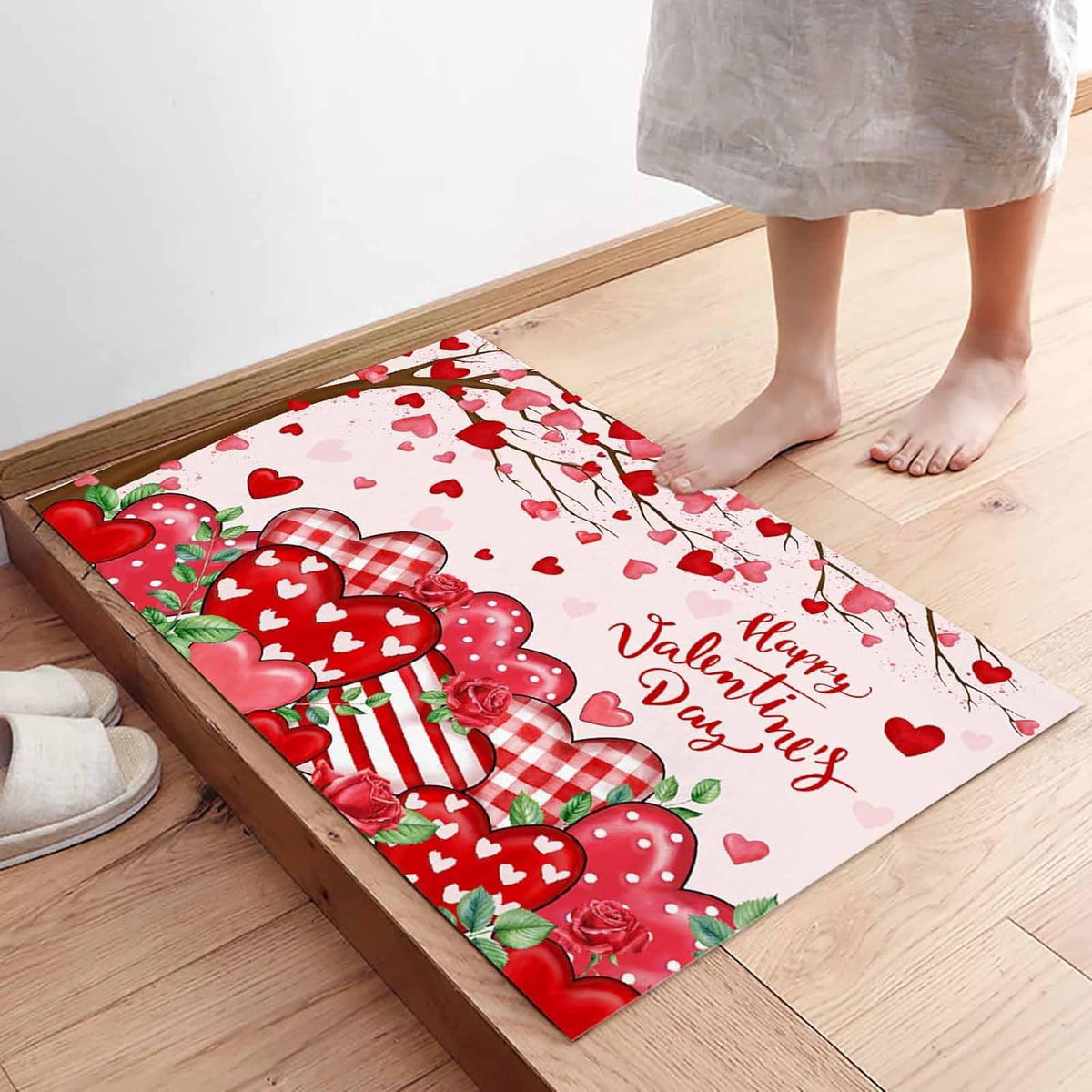 Christmas Snowman Trees Entrance Door Mat, Red Plaid Low Profile Tradition Christmas Decor Welcome Doormat, Non-Slip Carpet Rugs Floor Mat Decorative for Home/Bathroom/Kitchen - 20"x31.5"