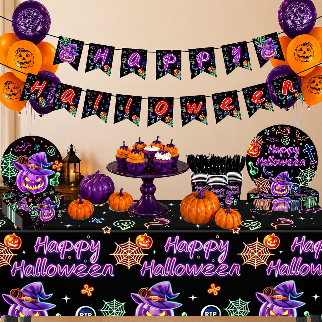 Wowhub Boo Ghost Pumpkin Halloween Tableware Set Serves 24, Halloween Plates and Napkins, Disposable Summerween Party Supplies with Cups, Cutlery & Tablecloth for Halloween Birthday Decorations
