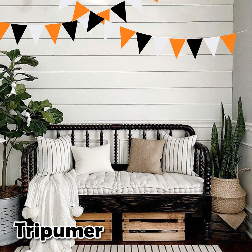 Tripumer 120 Pcs Triangle Flag Banner String for Halloween Decorations 164ft Birthday Hanging Flag for Birthday Party Mardi Gras Outdoor Event Decorations - Black+White+Orange