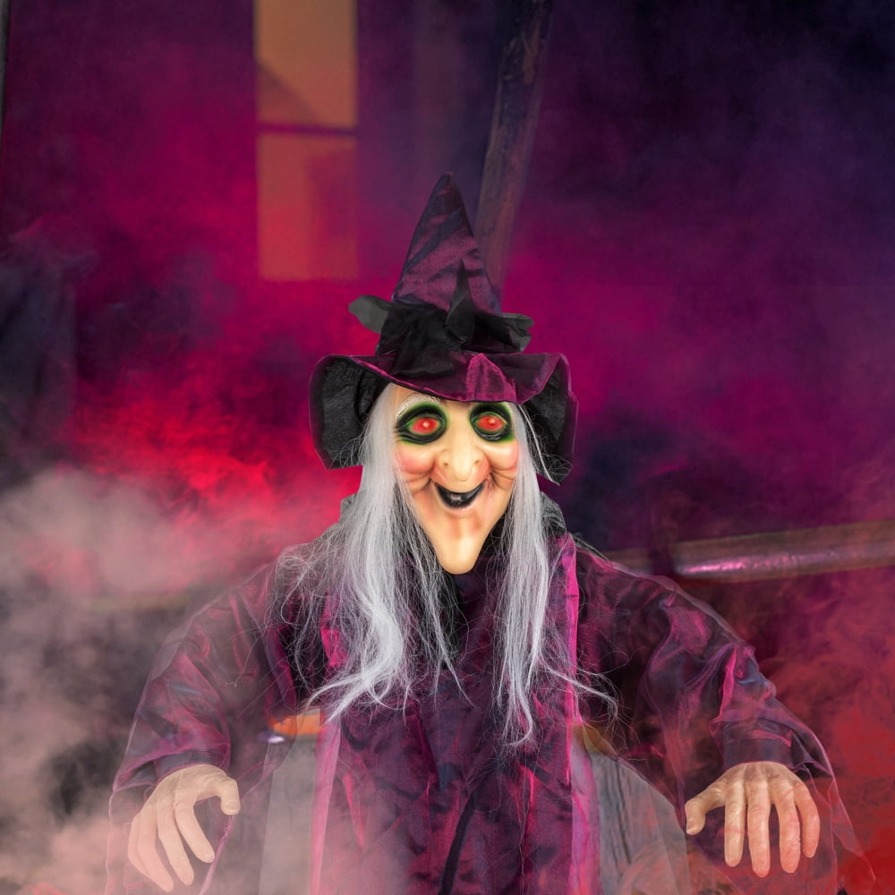 71" Life Size Hanging Talking Witch, Animated Halloween Witch with Sound Activation and Red Eyes for Outdoor & Indoor Decor - Old, Spooky and Scary Flying Animatronic Witch for Halloween Decorations