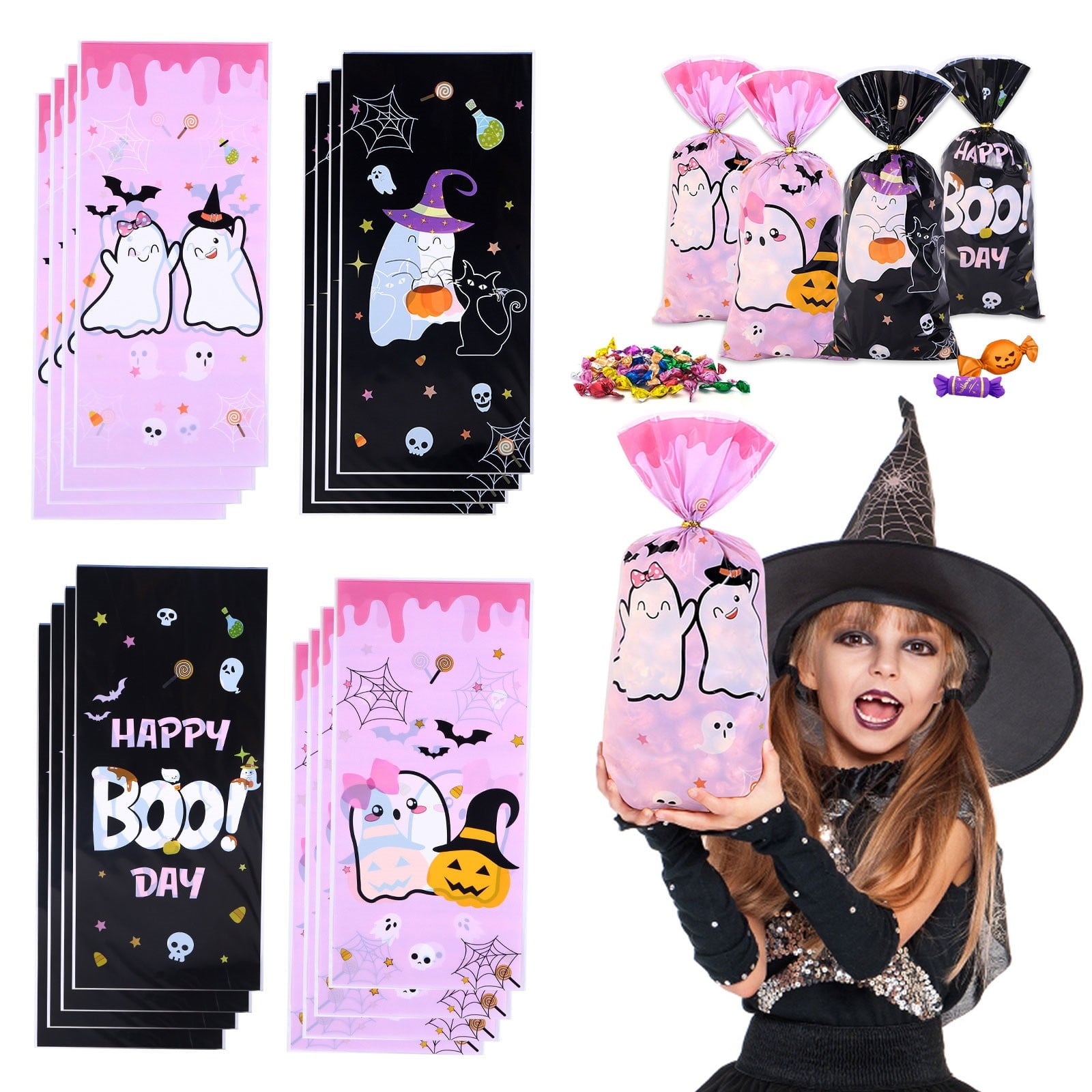 Halloween Cute Ghost Paper Gift Bags with Handles,Trick or Treat Candy Bags for Pumpkin Candy Goodie Present Bags, Festive Halloween Party Favor Bags Gift Holders for Gifts Treats(A)