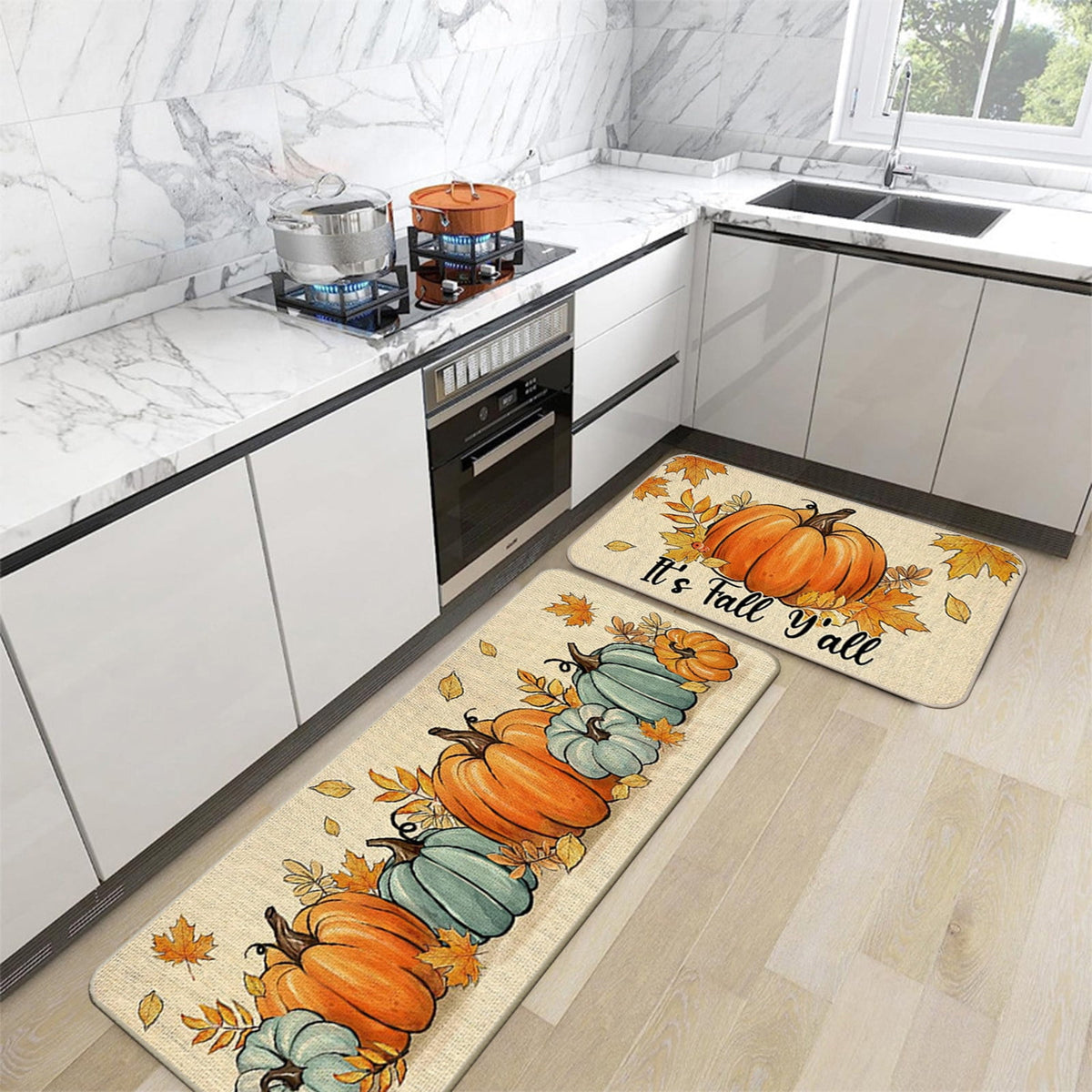 Decorative Kitchen Floor Mats Set of Two, Fall Theme Pumpkin Turkey Pattern Kitchen Rugs and Mats for Outdoor Indoor Kitchen Decor Halloween Thanksgiving Non-Slip Doormat