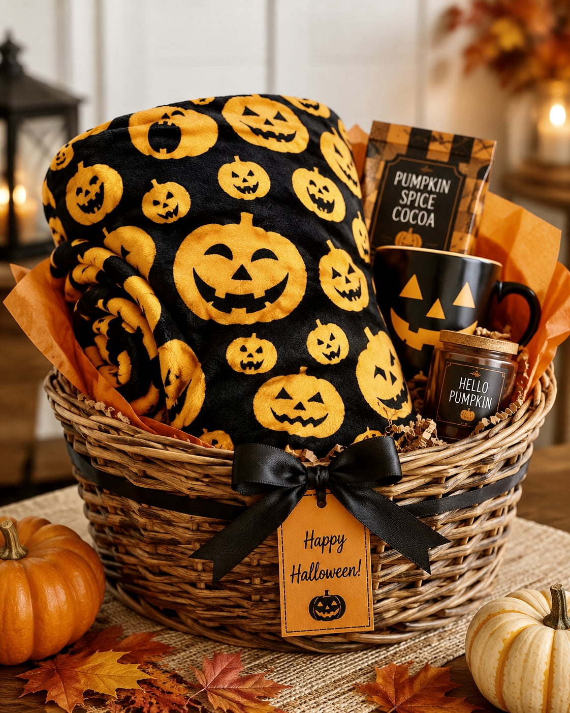 Serafina Home Halloween Throw Blanket: Fuzzy Boo! Jack O'Lantern Spider Webs Skull and Black Cats Print on Velvet Fleece for Sofa Bed Couch Chair Dorm