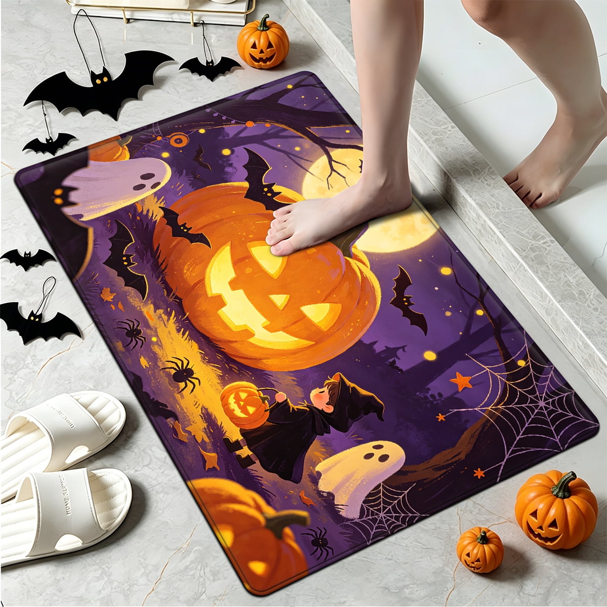 YIMEIS Halloween Pumpkin Lantern 3Pcs Flannel Mat & Kitchen Rugs Set,16''×24'' 20''×30'' 17''×47'' Inches,Soft Non-slip for Home Bathroom