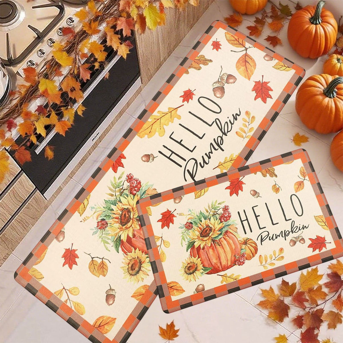 HOARBOEG Kitchen Floor Mat, Halloween Thanksgiving Fall Floor Mats 2-Piece Set - Non-Slip Pumpkin Maple Leaf Decor Rug for Bathroom Kitchen Porch Entrance, Holiday Home Decor