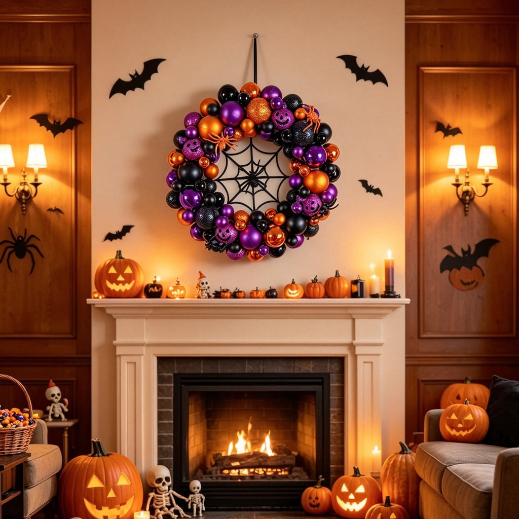 Godance 16 Inch Halloween Ball Wreath for Front Door, Halloween Wreath with Fake Pumpkins Spider, Shatterproof Treat-or-Trick Front Door Wreaths, Purple/Black Ball Ornament for Wall Front Door
