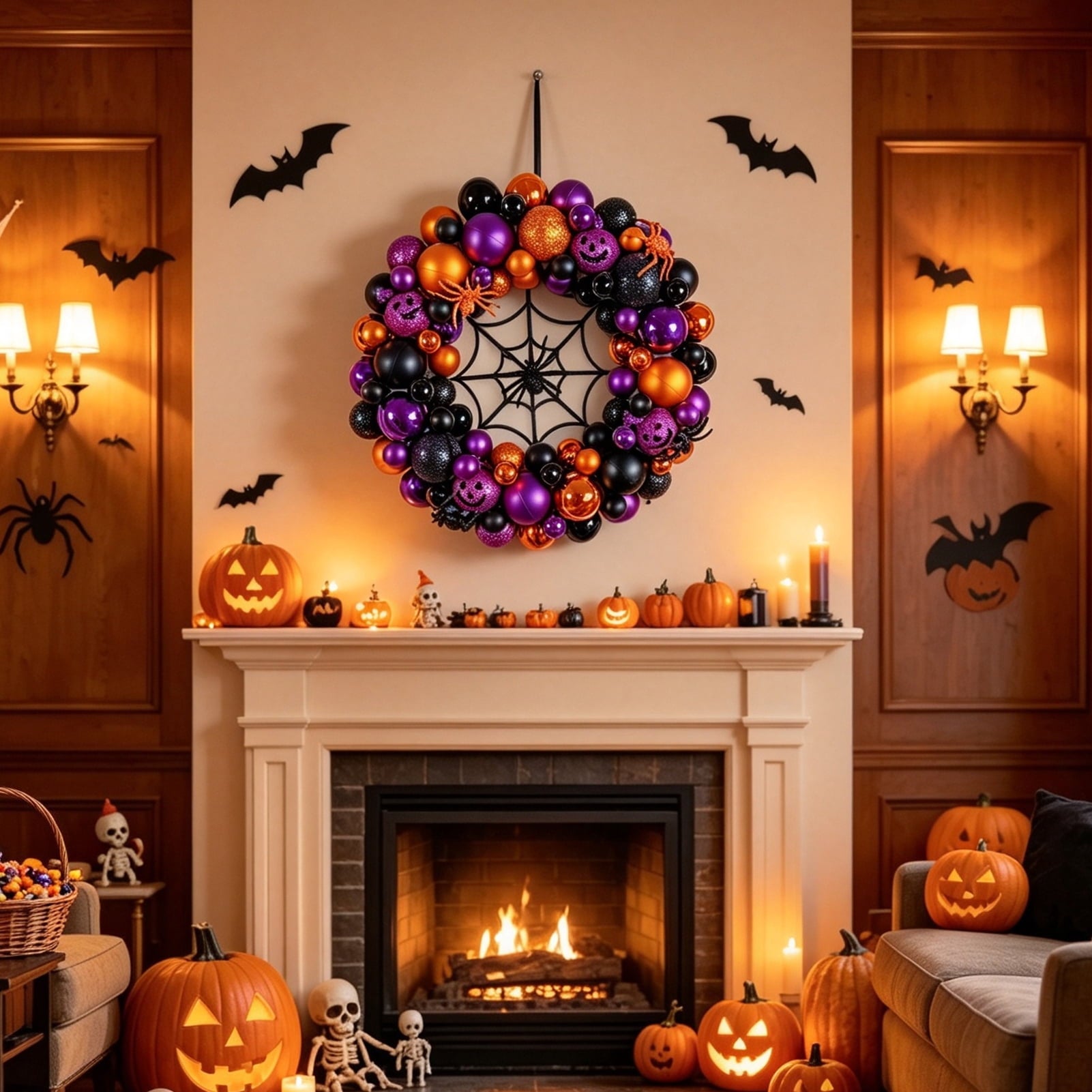 Godance 16 Inch Halloween Ball Wreath for Front Door, Halloween Wreath with Fake Pumpkins Spider, Shatterproof Treat-or-Trick Front Door Wreaths, Purple/Black Ball Ornament for Wall Front Door