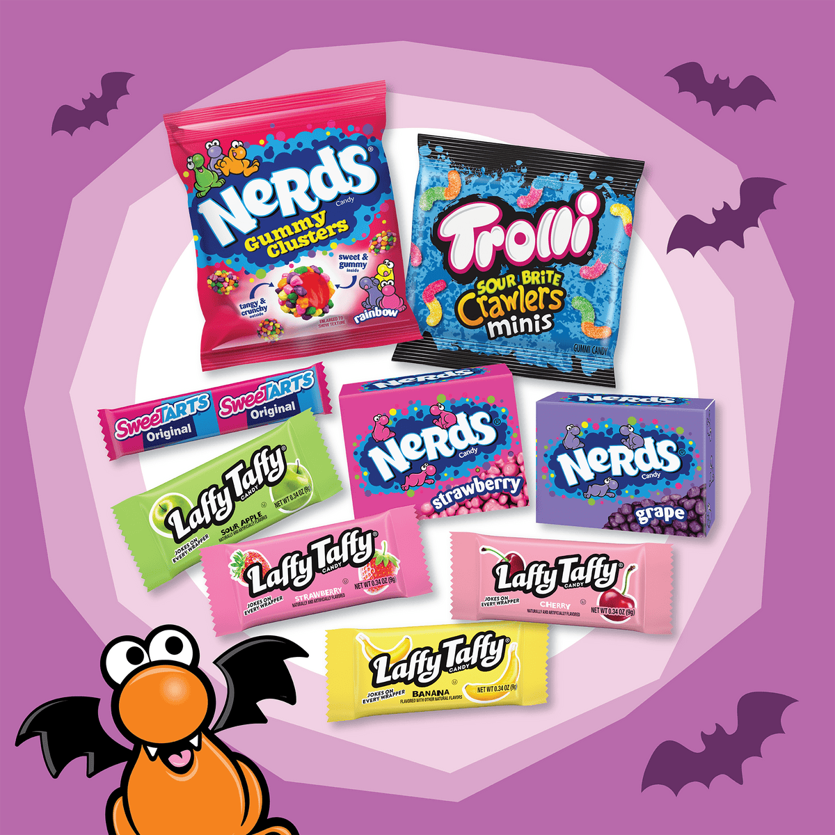 Nerds Core Winners Halloween Trick-or-Treat Variety Bag, NERDS Gummy Clusters, SweeTARTS, Trolli, Laffy Taffy, and NERDS Original, 180 Pieces, 59.76 Ounces