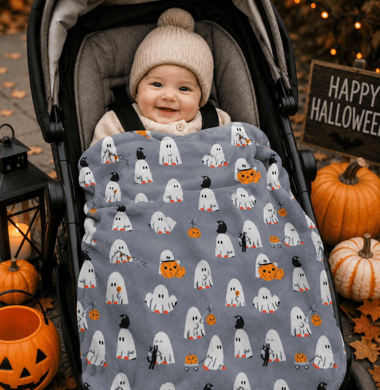 Serafina Home Halloween Throw Blanket: Fuzzy Boo! Jack O'Lantern Spider Webs Skull and Black Cats Print on Velvet Fleece for Sofa Bed Couch Chair Dorm