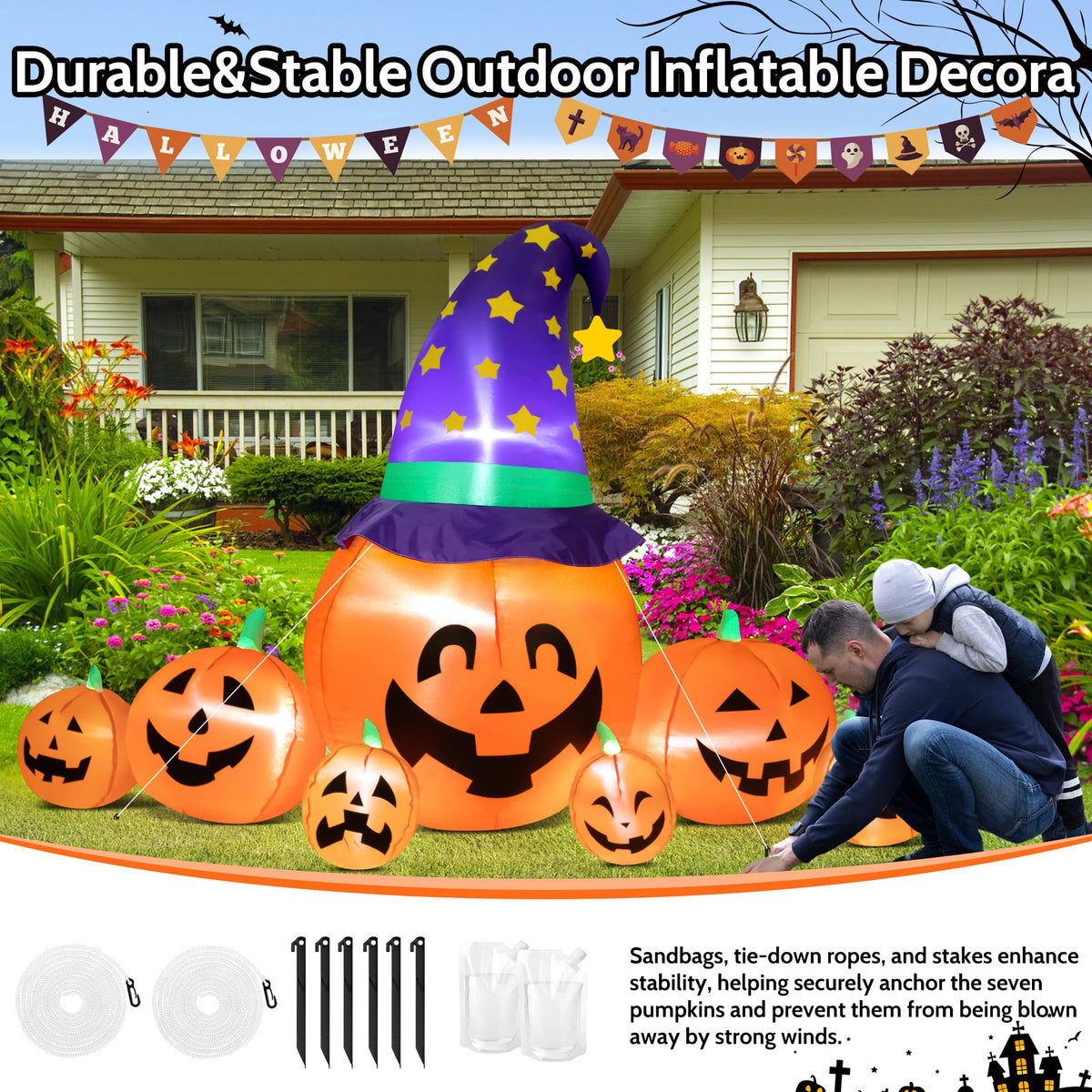 Yexmas 8.7ft Halloween Inflatables Pumpkins 7 Blow Up Decor with Witches Hat, Built-in LED Lights for Halloween Party, Yard, Garden, Lawn