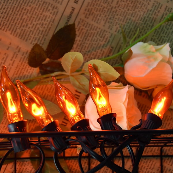 Halloween Lights Flickering Flame String Lights with 12 Pack C7 Orange Flame Light Bulbs (2 Spare), 12.8Ft Orange Flame String Lights for Indoor Outdoor Home Party Yard Halloween Decorations