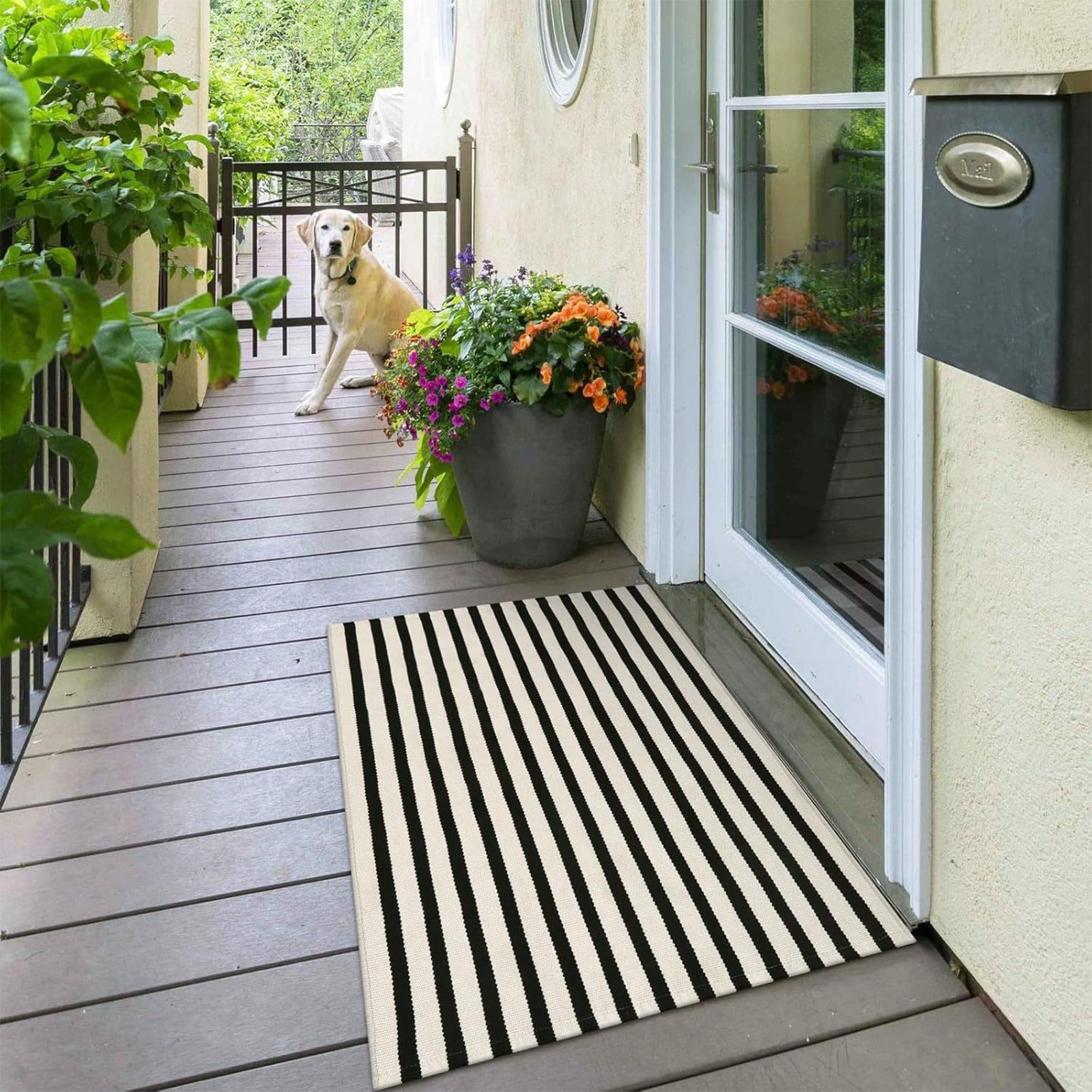 Fall Front Door Mat 15"x24", Black and Khaki Striped Layered Door Mat Outdoor, Washable Farmhouse Front Porch Rug Halloween Thanksgiving Decorations, Cotton Hand Woven Entryway Rug