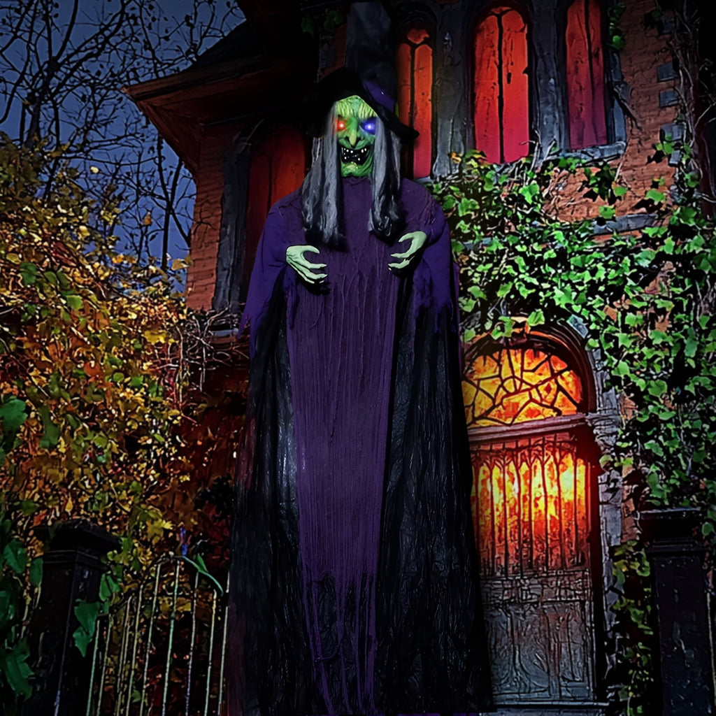 11.8ft Halloween Animatronics Hanging Witch Outdoor Decoration, Sound Animated Talking Witch with Light-up Eyes for Haunted House Prop Décor, Yard Lawn Decorations
