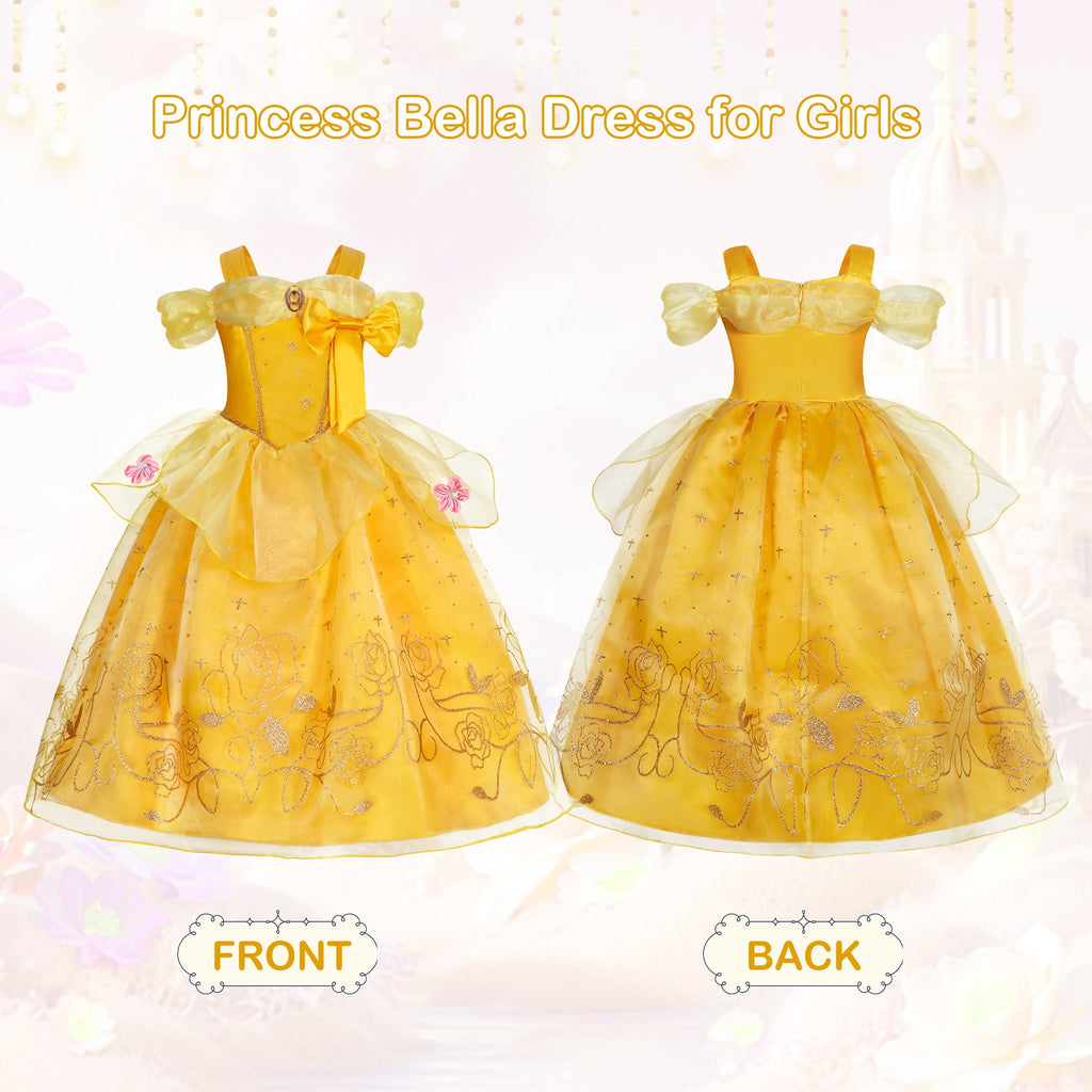 Jurebecia Princess Dress for Girls Costume Kids Off Shoulder Layered Toddler Halloween Cosplay Birthday Party Outfit up Yellow 120 cm 5-6 Years