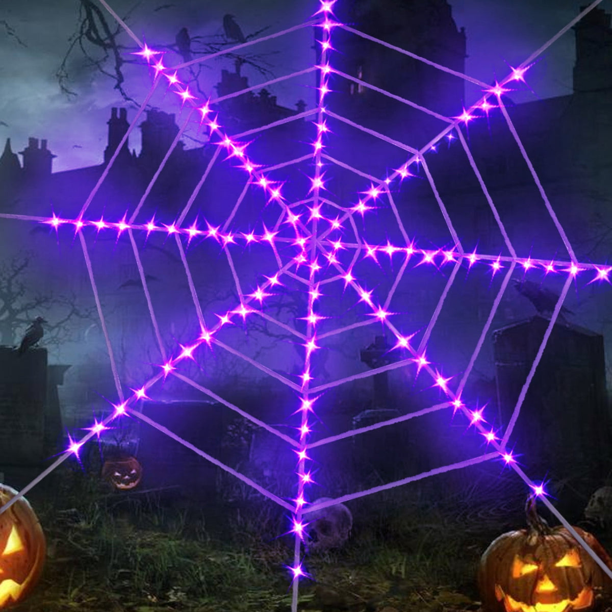 Innens 11.8ft Halloween 144 LED Purple Spider Web Lights with 35" Giant Spider Light up Cobweb Halloween Decorations for Indoor Ourdoor Garden Yard Home Patio (Black, 1Pc)