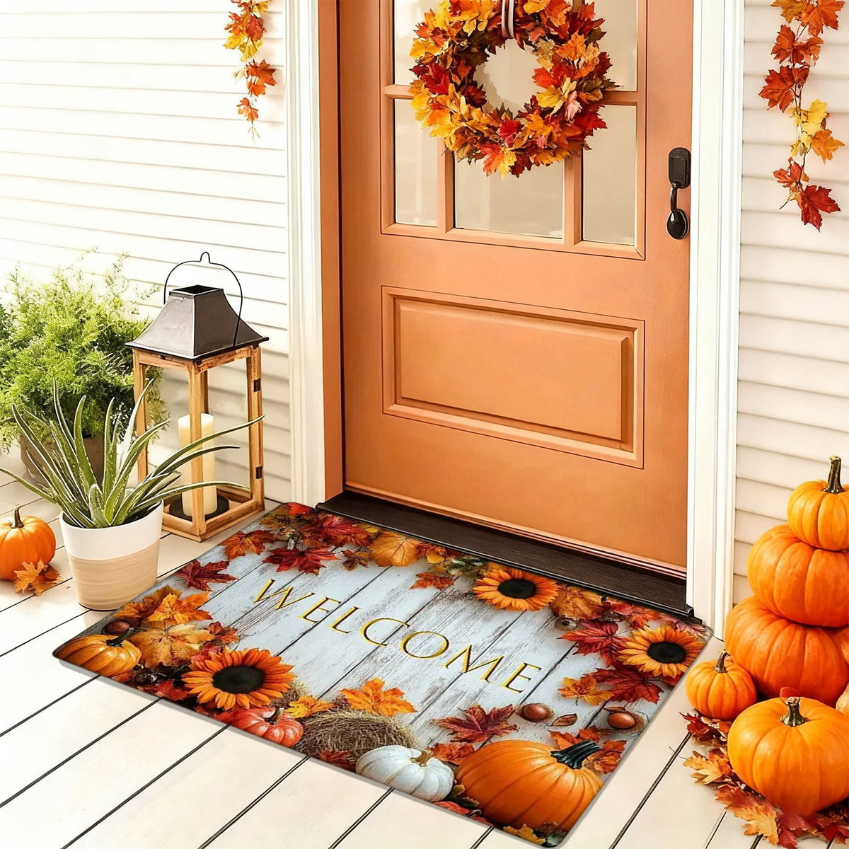 syligr Halloween Thanksgiving Doormat with Maple Leaf & Pumpkin Patterns - Non-Slip Floor Mat for Entryway, Kitchen, Porch, Fall Harvest Decor Rug with Anti-Fatigue Backing, Gift for Thanksgiving