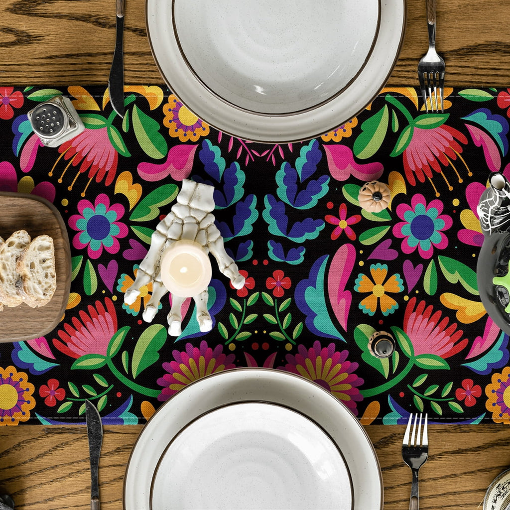 Sm:)e 13"x72" Black Floral Dia De Los Muertos Serape Table Runner, Polyester, Mexican Fiesta Design, Party Kitchen Dining Decoration