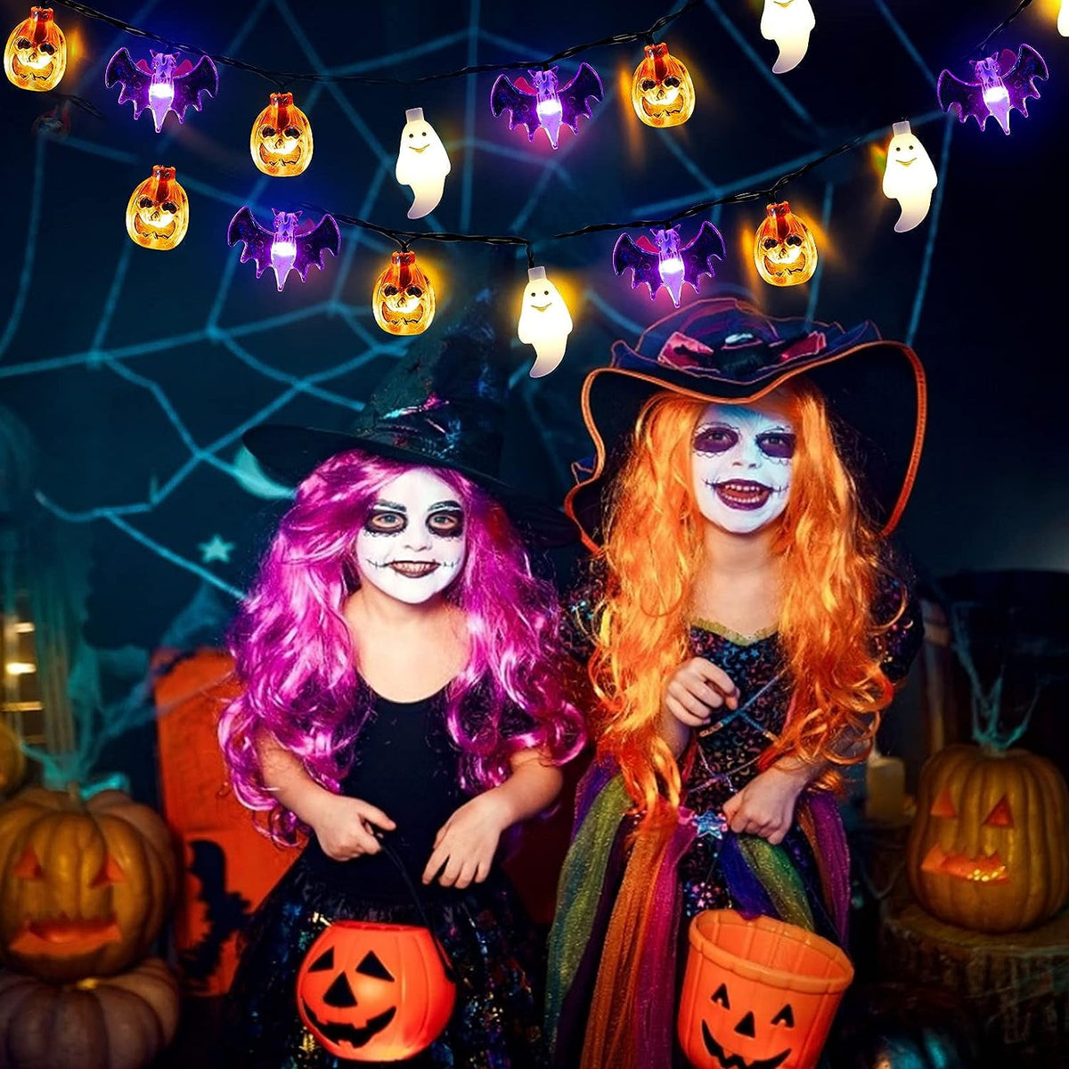 Halloween Lights, 20FT 30 LED Waterproof 3D Pumpkin Bat Ghost Battery Operated String Lights with Timer - 8 Lighting Modes Fairy Light for Window Indoor Outdoor Decor Halloween Party Decorations