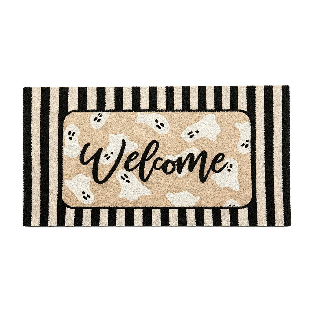 QuanTara Halloween Ghost Welcome Doormat, 31.5" x 15.75" Non-Slip Entryway Rug, Cute Spooky Ghost Print with Striped Border, Soft Faux Velvet Front Door Mat for Fall Home Decor, Porch & Indoor Use