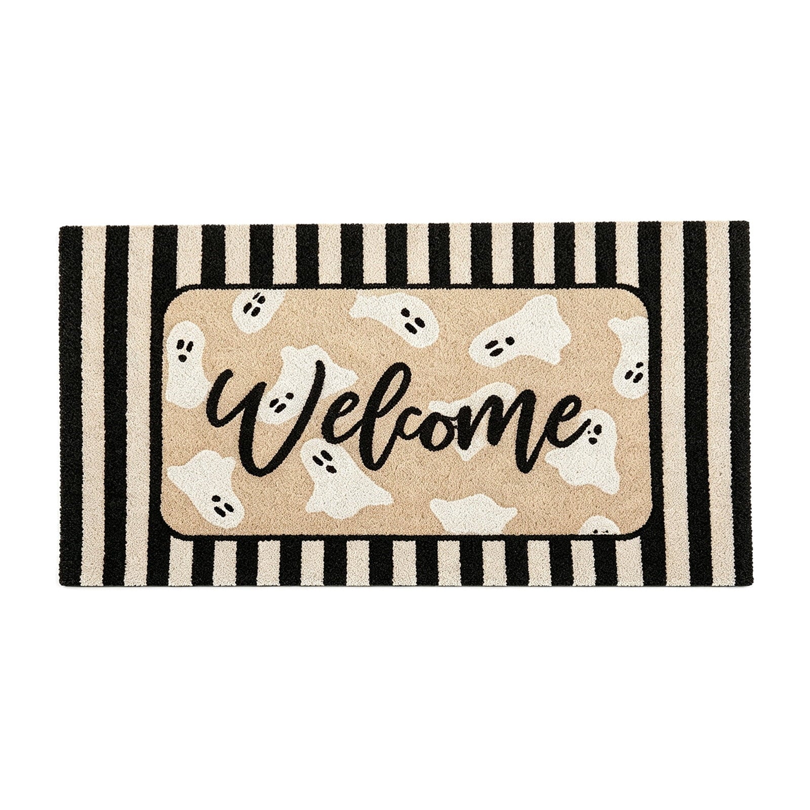 QuanTara Halloween Ghost Welcome Doormat, 31.5" x 15.75" Non-Slip Entryway Rug, Cute Spooky Ghost Print with Striped Border, Soft Faux Velvet Front Door Mat for Fall Home Decor, Porch & Indoor Use