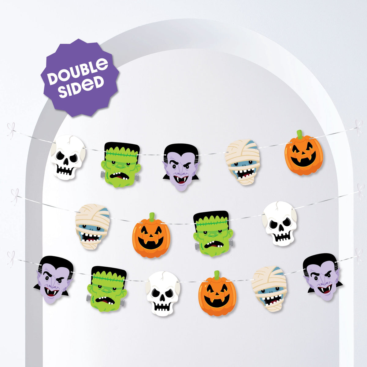 Big Dot of Happiness Halloween Monsters Garland Banner, 30 Feet of Cord, 15 Paper Skeleton, Dracula, Frankenstein, Mummy, and Jack-O'-Lantern Shapes